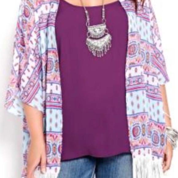 KIMONO STYLE TOP, FRINGED, PINK PRINT, SIZE 24, MADE IN CANADA!!, LONG LENGTH, - Picture 1 of 1